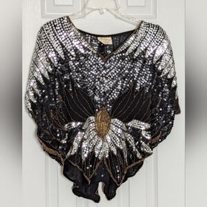Vintage Women's 100% Silk Sequins & Beaded V-Neck Sleeveless Top/Blouse/Cape